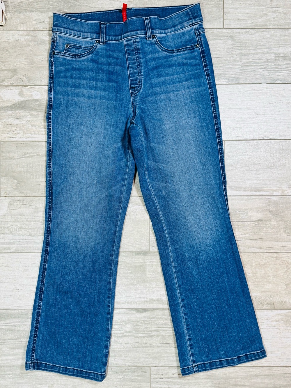 SPANX Women’s Blue Denim Jeans Straight Leg Size L Stretch Mid Rise Medium Wash